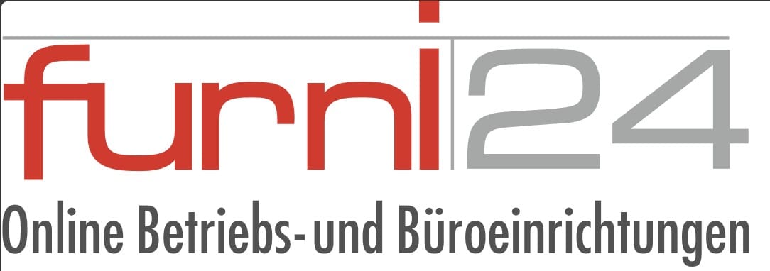 Logo mit dem Schriftzug furni24 in großen roten und grauen Buchstaben und darunter Online Betriebs- und Büroeinrichtungen in kleinerer grauer und blaugrüner Schrift.
