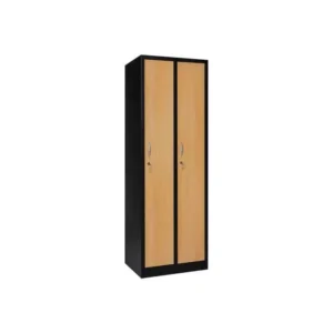 Ein hoher, rechteckiger Holzschrank mit zwei hellen Türen und einem schwarzen Rahmen, jede Tür mit einem Griff und einem Schlüsselloch, vor einem weißen Hintergrund.