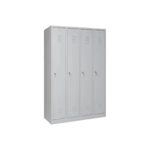 Ein Metallschrank mit vier vertikalen Türen, die jeweils mit einem Griff, einem Schlüsselschloss und Lüftungsschlitzen oben und unten ausgestattet sind. Der Schrank ist hellgrau und steht vor einem schlichten weißen Hintergrund.