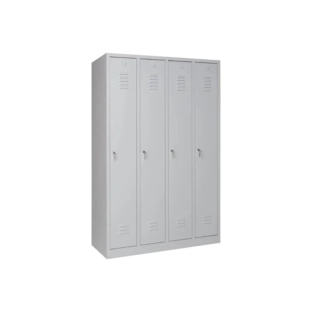 Ein Metallschrank mit vier vertikalen Türen, die jeweils mit einem Griff, einem Schlüsselschloss und Lüftungsschlitzen oben und unten ausgestattet sind. Der Schrank ist hellgrau und steht vor einem schlichten weißen Hintergrund.