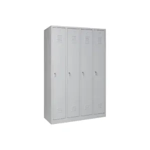 Ein Metallschrank mit vier vertikalen Türen, die jeweils mit einem Griff, einem Schlüsselschloss und Lüftungsschlitzen oben und unten ausgestattet sind. Der Schrank ist hellgrau und steht vor einem schlichten weißen Hintergrund.
