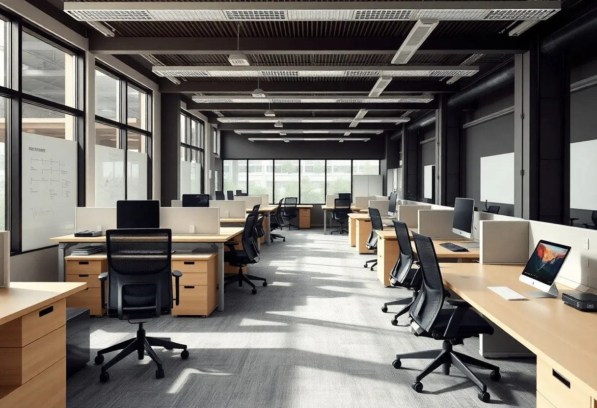 Ein modernes Großraumbüro mit Reihen leerer Schreibtische, schwarzen Stühlen, Computern, großen Fenstern, die viel Licht hereinlassen, und einer hellen, geräumigen Atmosphäre.