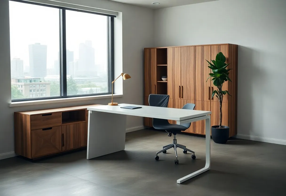 Modernes Büro mit einem großen Fenster, weißem Schreibtisch, blauem Stuhl, Holzschränken, einer goldenen Schreibtischlampe, einem Laptop und einer hohen Grünpflanze. Skyline der Stadt sichtbar durch das Fenster.