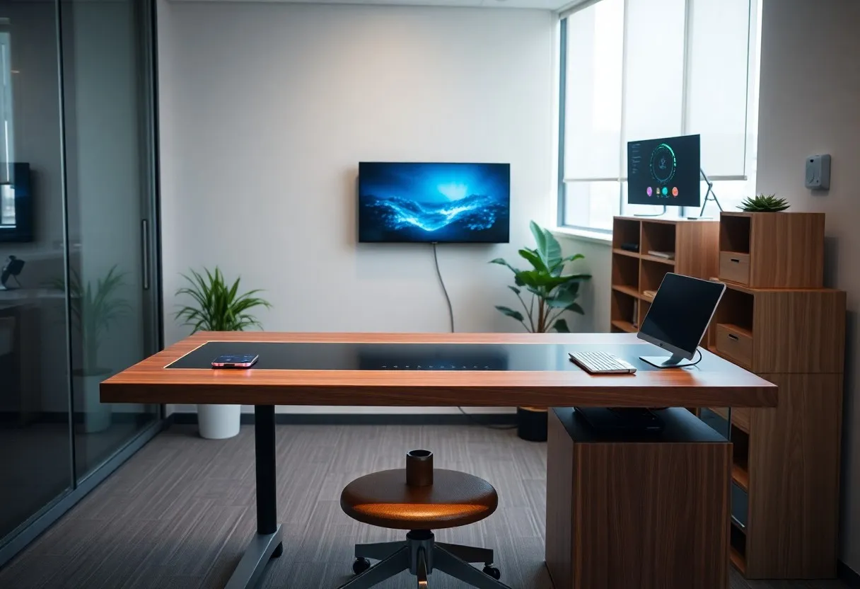 Ein modernes Büro mit einem Holzschreibtisch, Computer, Tastatur und Telefon. Es gibt zwei Bildschirme, Topfpflanzen, Regale und große Fenster, die natürliches Licht hereinlassen. Der Raum ist sauber und aufgeräumt.