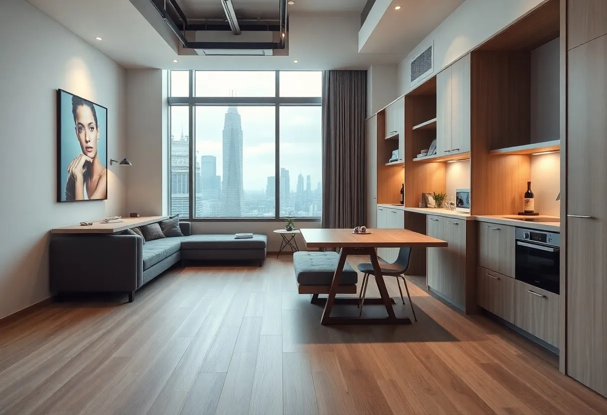 Modernes Apartment mit Holzböden, einer Küchenzeile, einem Esstisch, einem grauen Sofa und einem großen Fenster mit Blick auf die Skyline der Stadt. An der Wand über dem Sofa hängt ein Kunstwerk mit einem Frauenporträt.